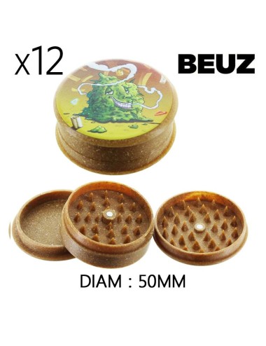 Packung mit 12 braunen biologisch abbaubaren Beuz Buds Hanf-Grinder 50mm