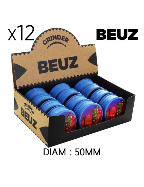 Schachtel mit 12 biologisch abbaubaren Hanf-Grinder Blau Smiley Valley 50mm