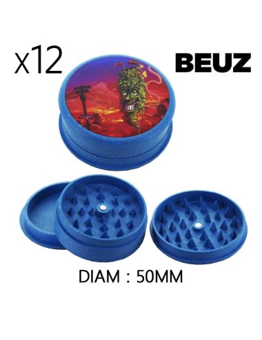 Schachtel mit 12 biologisch abbaubaren Hanf-Grinder Blau Smiley Valley 50mm