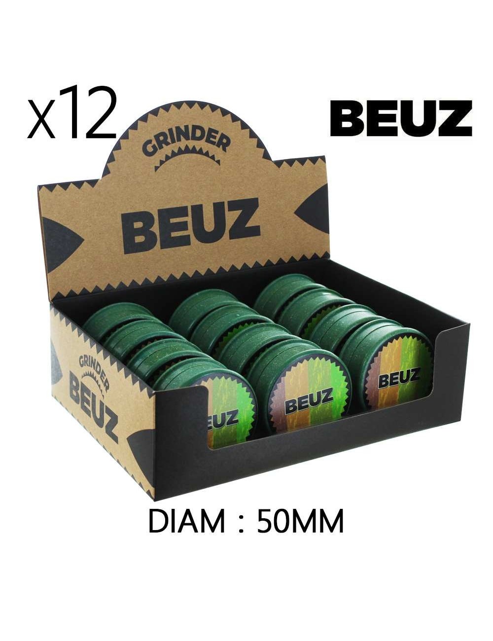 Schachtel mit 12 Hanf-Grinder 50 mm Beuz Green Organic