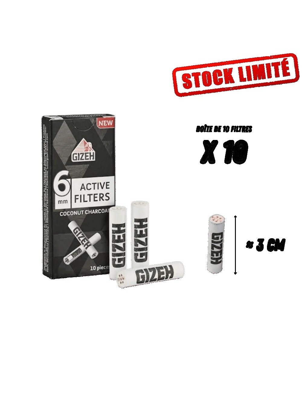 Filtre Gizeh Charbon Actif Coco 6mm - Boîte de 10 Filtres