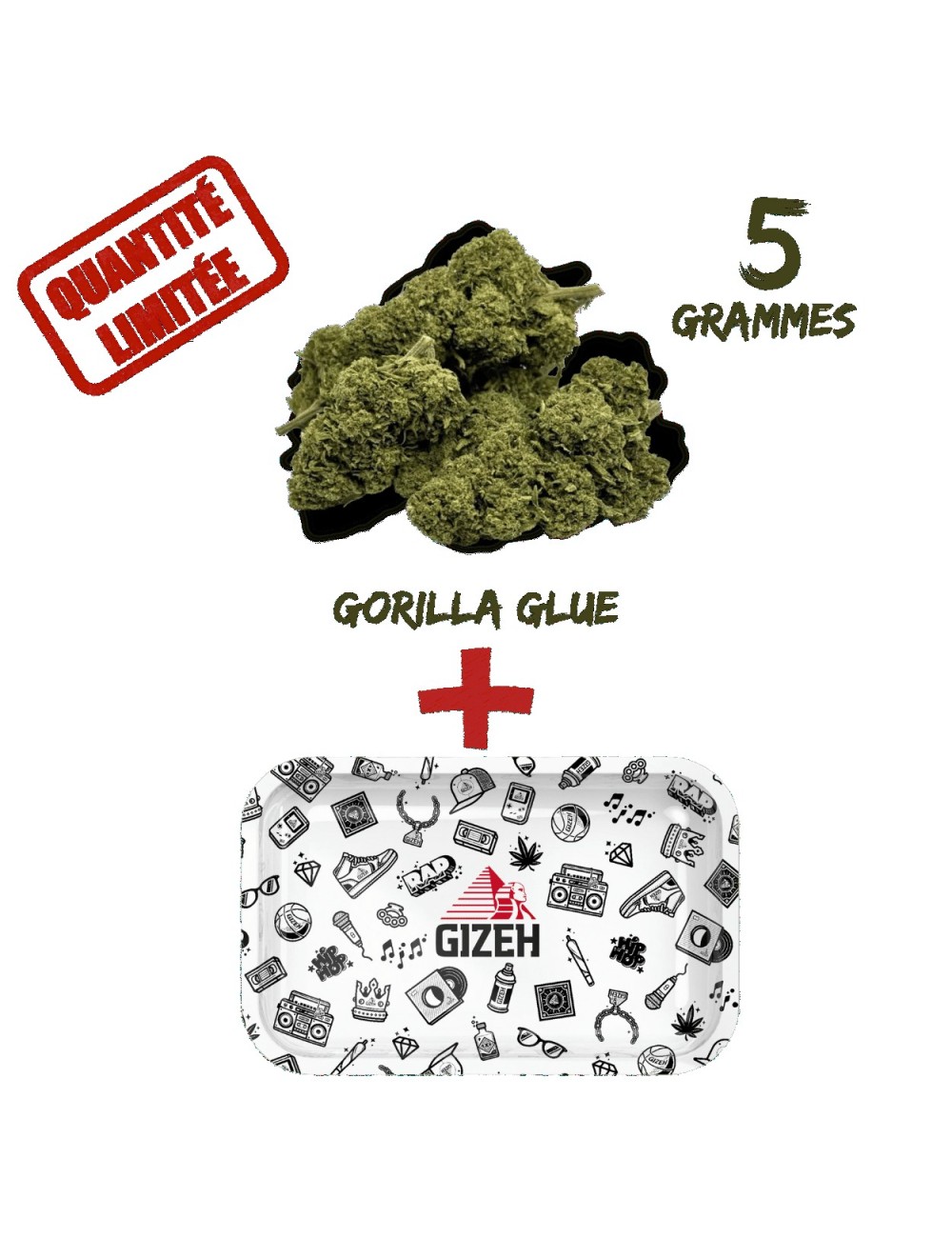 Pack Fleur CBD Gorilla Glue Greenhouse 8% + Plateau à Rouler GIZEH Comic Blanc 275x175mm