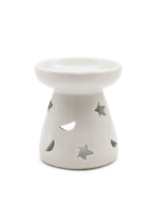Brûleur Huile Céramique Blanc Lune Étoiles | Diffuseur Aromathérapie 5x7cm