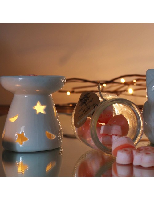 Brûleur Huile Céramique Blanc Lune Étoiles | Diffuseur Aromathérapie 5x7cm