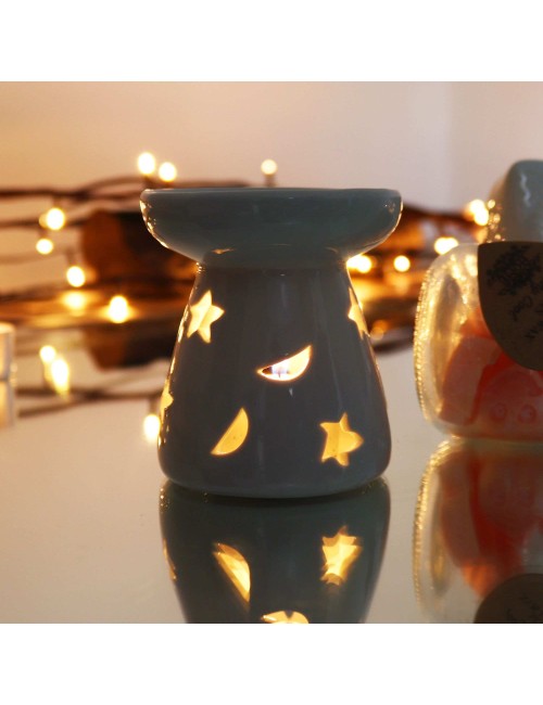 Brûleur Huile Céramique Blanc Lune Étoiles | Diffuseur Aromathérapie 5x7cm