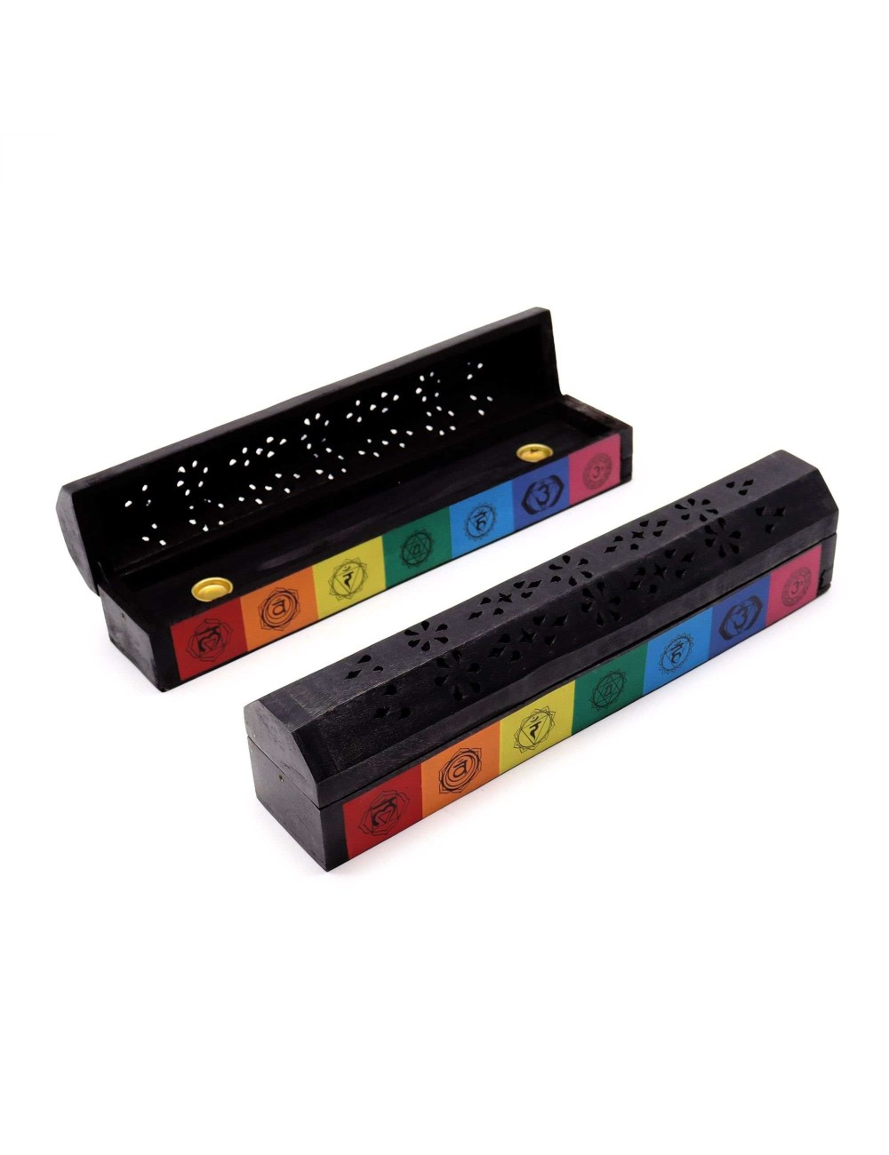 Boîte Porte-Encens 7 Chakras Bois Manguier | Brûleur Spirituel 30cm