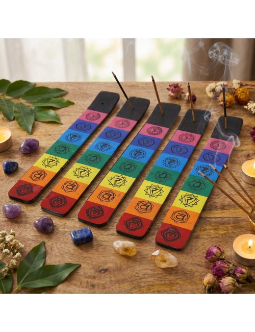 Porte-Encens 7 Chakras Coloré | Bois de Manguier 26cm | Spiritualité