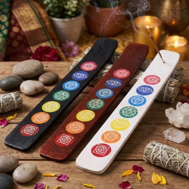 Porte-Encens Chakra Bois Manguier 26cm | 7 Chakras Colorés | Spiritualité