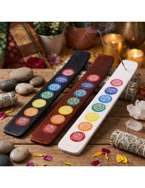 Porte-Encens Chakra Bois Manguier 26cm | 7 Chakras Colorés | Spiritualité