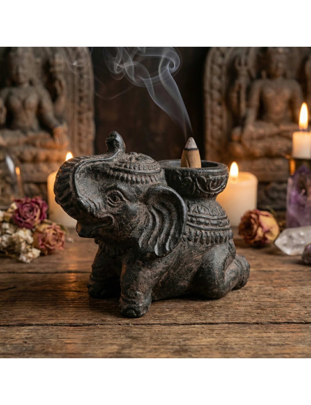 Porte-Encens Éléphant Noir Antique en Béton 14cm | Brûleur d'Encens Décoratif