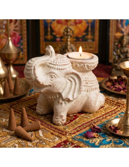 Porte-Encens Éléphant Béton Crème 14cm | Brûleur Encens et Bougie