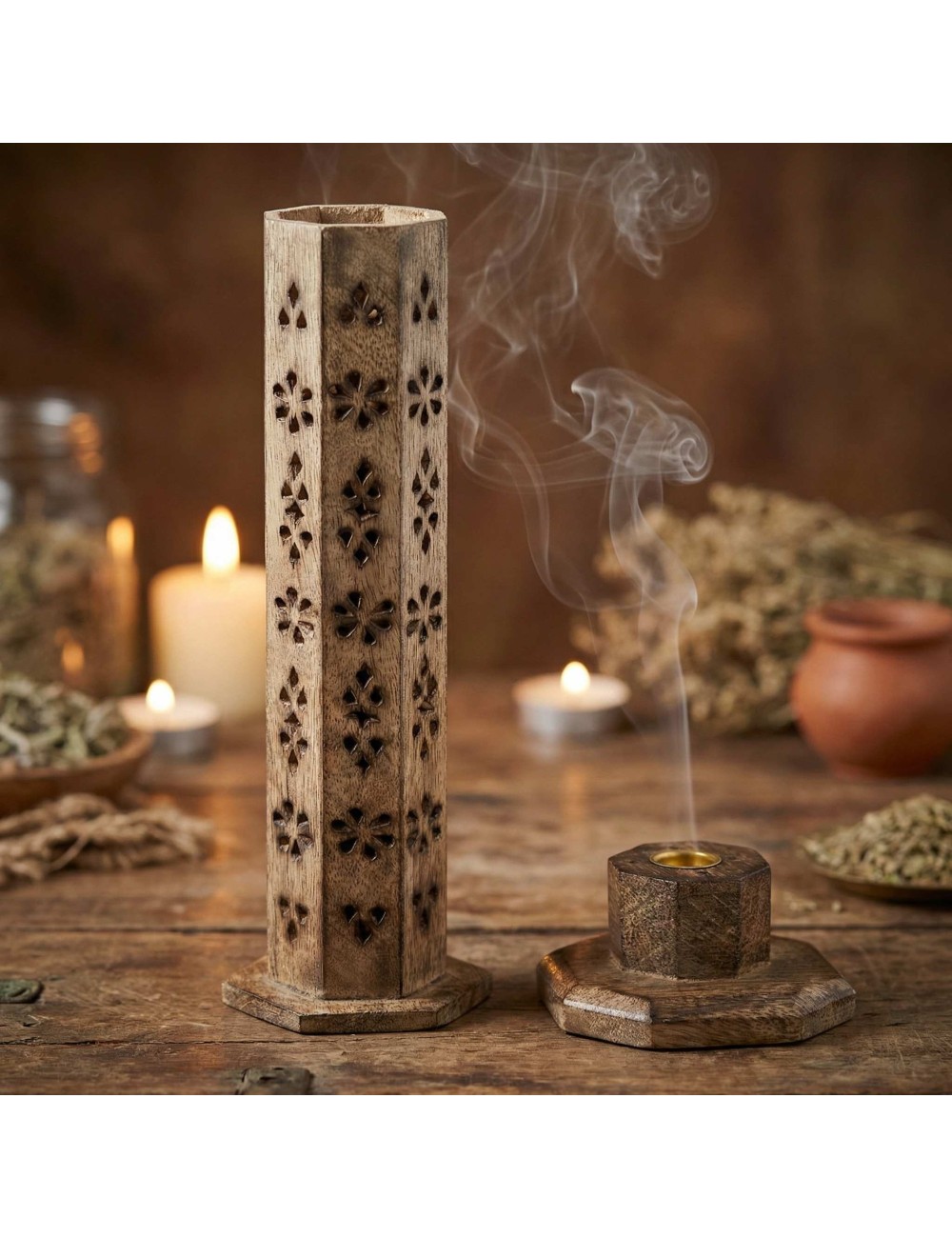 Tour à Encens Hexagonale Bois de Manguier | Porte-encens Artisanal Indien