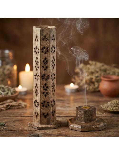 Tour à Encens Hexagonale Bois de Manguier | Porte-encens Artisanal Indien