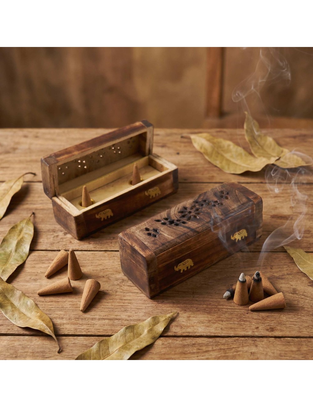 Boîte Encens Cônes Bois Manguier 15cm | Porte-Encens Artisanal Indien