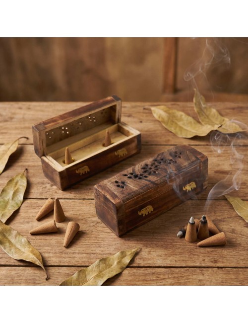 Boîte Encens Cônes Bois Manguier 15cm | Porte-Encens Artisanal Indien