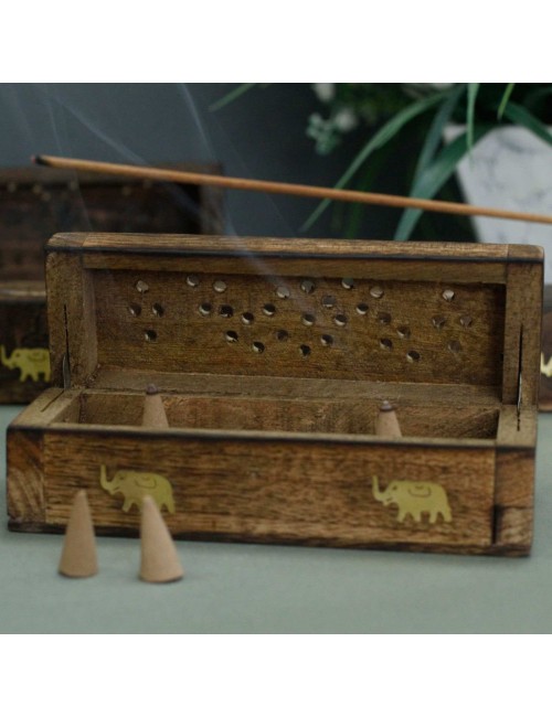 Boîte Encens Cônes Bois Manguier 15cm | Porte-Encens Artisanal Indien