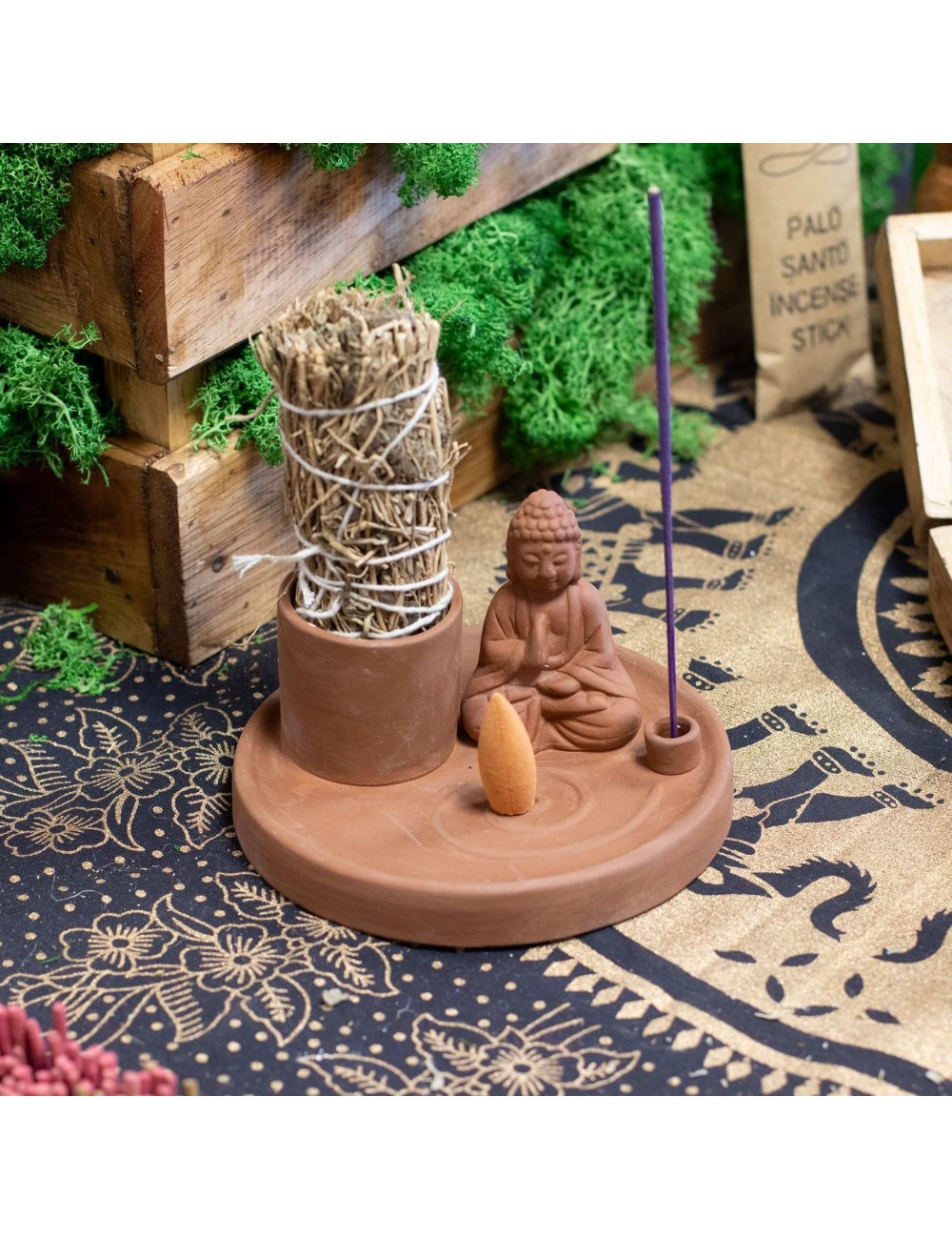 Plateau d'Encens Bouddha Céramique Terre Cuite | Porte-Encens Méditation