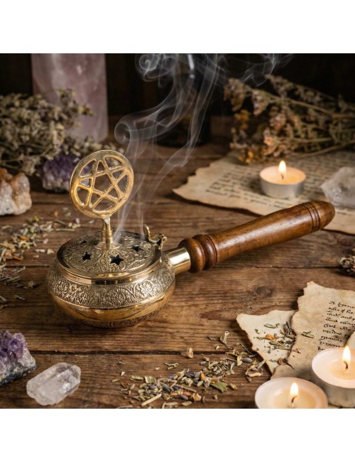 Encensoir Pentagramme Laiton et Bois | Brûleur Encens Traditionnel