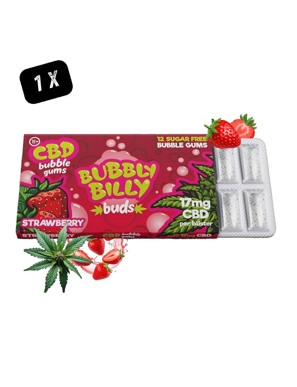 Chewing-gum CBD Fraise Bubbly Billy 17mg - Pack de 12 gommes sans sucre