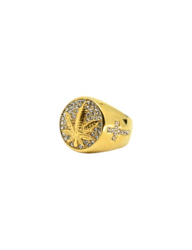 Goldener Siegelring mit Cannabis-Blatt und Strass