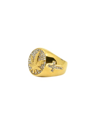 Goldener Siegelring mit Cannabis-Blatt und Strass