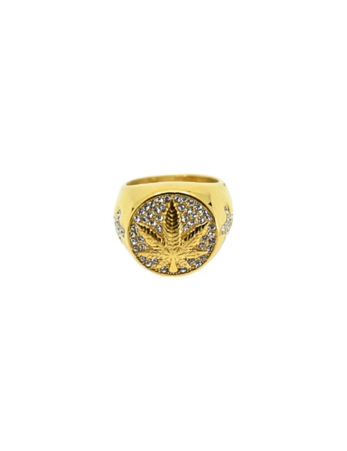 Goldener Siegelring mit Cannabis-Blatt und Strass