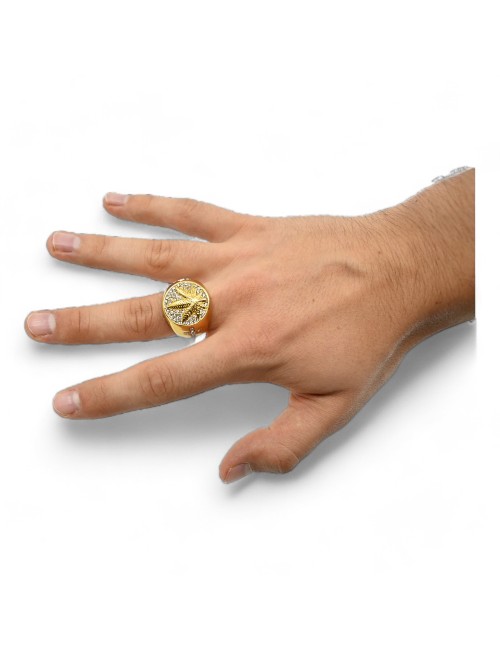 Goldener Siegelring mit Cannabis-Blatt und Strass
